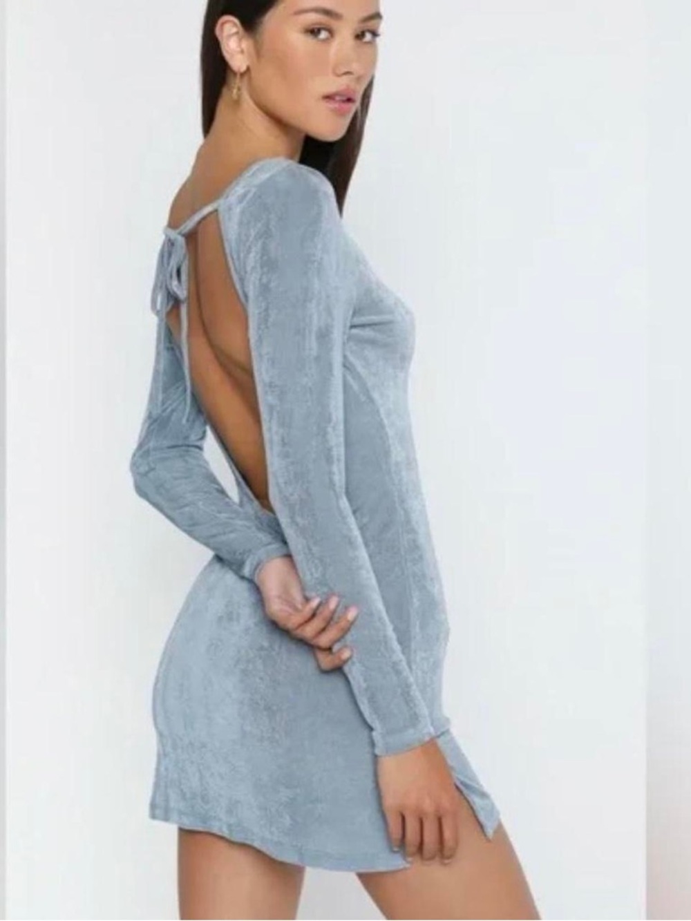 NWT Lioness Montana Mini Dress Dusty Blue Open Back Long Sleeve Size S